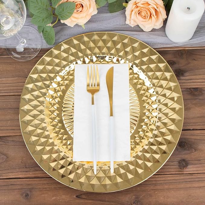 Efavormart 6 Pack | 13" Sparkling Gold Diamond Disposable Dinner Serving Plates, Shiny Round Plastic Charger Plates