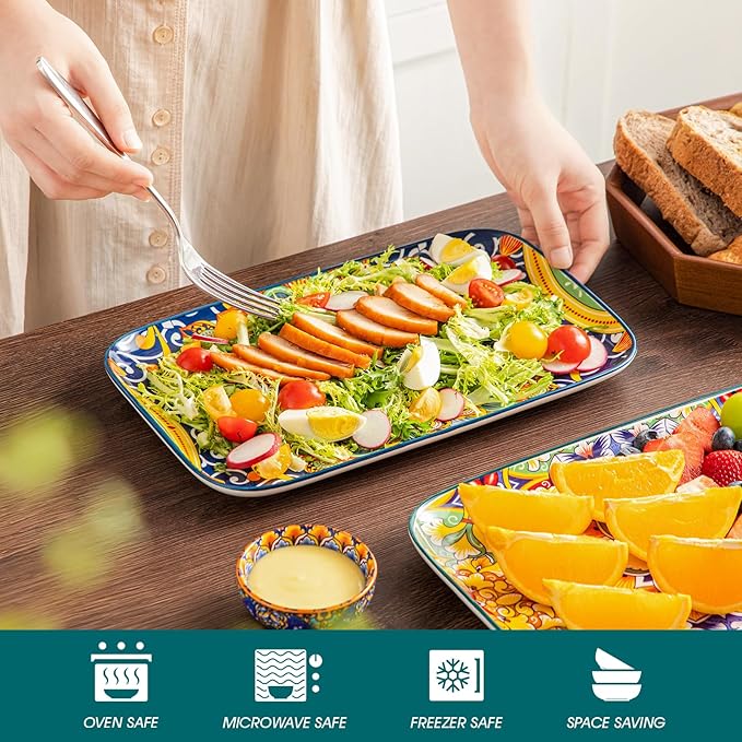 vancasso Serving Platters Set of 4, 12" x 7.4" Inch Rectangular Trays - Large Serving Dishes for Entertaining Food, Bohemian Ceramic Serving Trays for Party, Microwave & Dishwasher Safe, Vintage