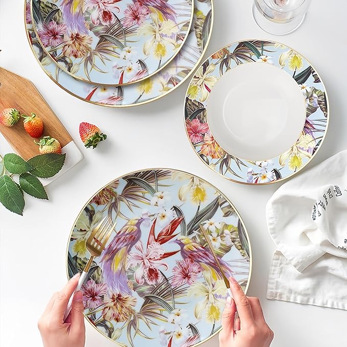 Porcelain Dinnerware Sets for 4 Bone Ceramic Dinner Plates Set 16 Piece Home Kitchen Dish Set Tableware for Celebration Wedding Family Gathering Christmas, Red/White, chun55