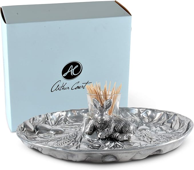 Arthur Court Aluminum Metal Rabbit Bunny Pattern Tidbit Cheese Hors d'oeuvres Tray with Glass for Toothpick - Durable Metal Silver Easter Entertaining 10.5 inch Diameter x 2.5 inch Tall