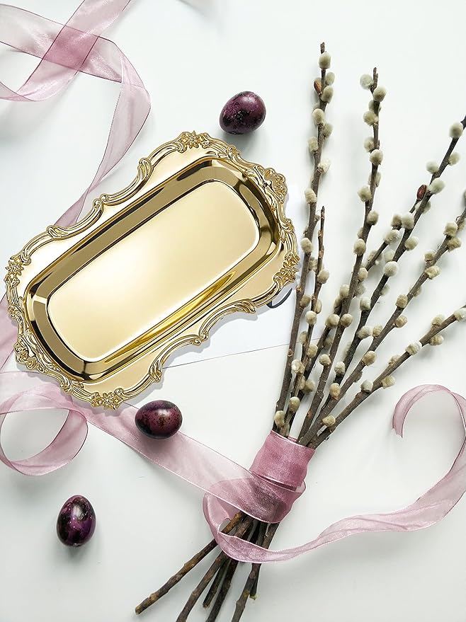 KUMGROT Small Fancy Serving Tray Small Teacup Coffee Cup Serving Tray Vintage Jewelry Organizer Elegant Dessert Platter Candy Table Supplies for Birthday Party Wedding Gold, 7.87"x4.5"