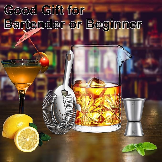 Cocktail Mixing Glass, veecom 18oz Crystal Bartender Kit, 3 Piece Old Fashioned Cocktail Set with Strainer, Jigger, Bar Tools Cocktail Shaker Set, Cocktail Mixer Stirring Glass