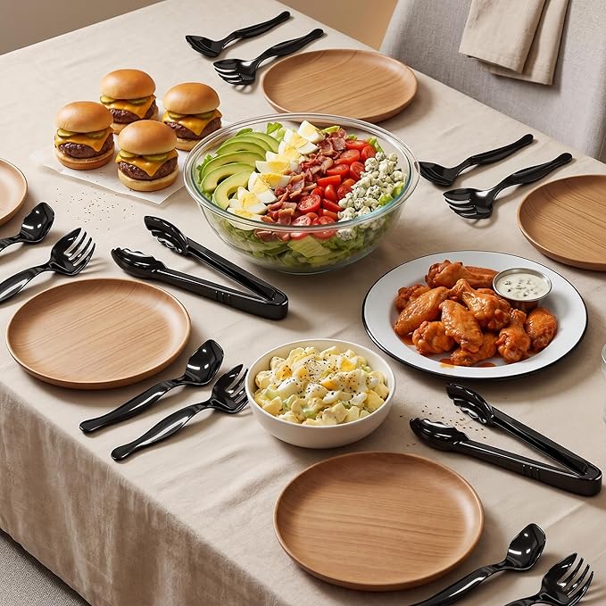36Pcs Disposable Plastic Serving Utensils Set, 12 Black Spoons, 12 Forks, 12 Tongs, 9-Inch for Party Buffet Catering Events, Heavy Duty and Ergonomic Design (Black-1)