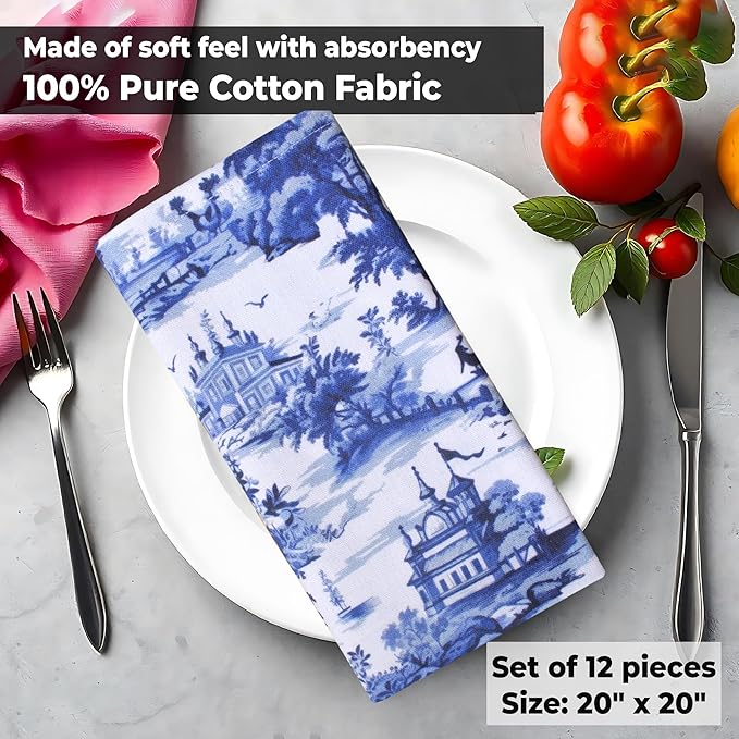 Urban Villa Cloth Napkins 100% Cotton Dinner Napkins Highly Absorbent 20x20 Inches (Set of 12) French Toile Blue Reusable Washable Soft Durable Premium Napkins Ideal for Home Wedding Parties