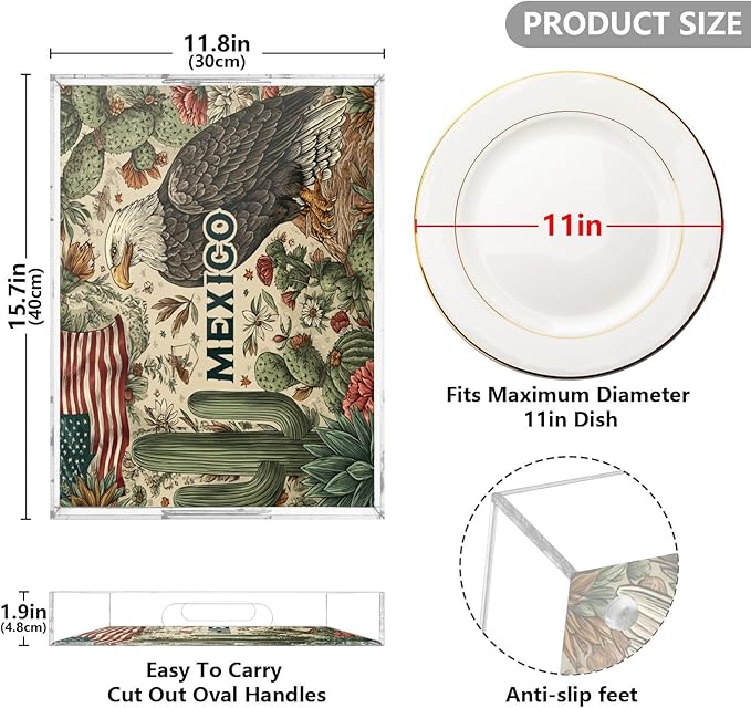 Serving Tray with Handles Clear Acrylic Tray 12x16 Inch Decorative Rectangular Tray Organizer for Ottoman Coffee Table Bathroom Retro Mexico American Eagle Cactus Beige