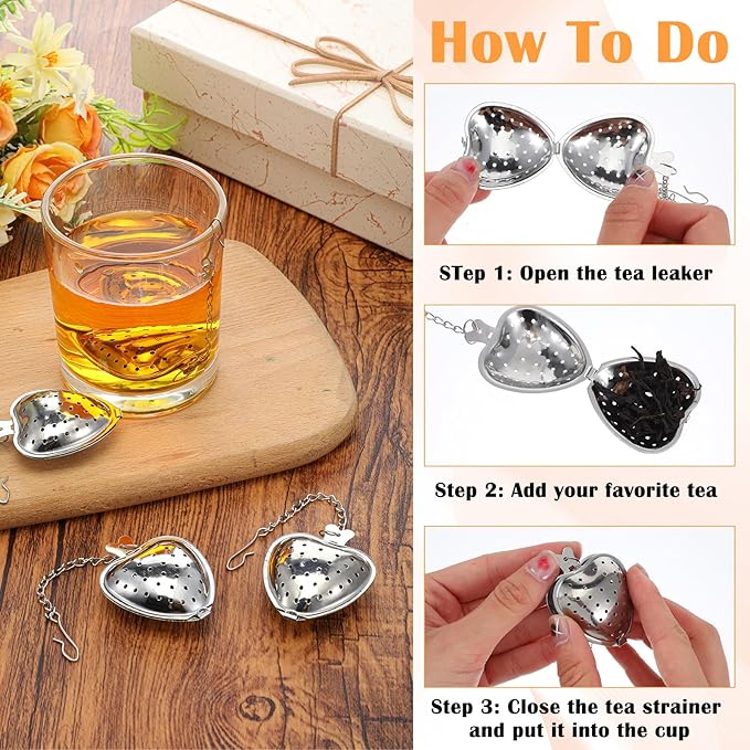 50pcs Heart Shaped Tea Strainers for Loose Tea Filter, Stainless Steel Tea Strainer Ball Infuser Tea Steeper Mesh Filters with Extended Chain Chain Hook for tea party Seasonings Cup Bottle(Silver)