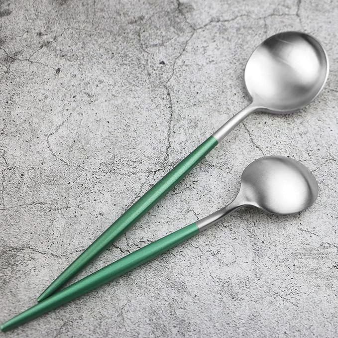 JASHII 6pcs Green&Silver Dessert Spoons Set, Matte 304 Stainless Steel Salad Spoon Set, Modern Design, Dishwasher Safe - 6.8-inch