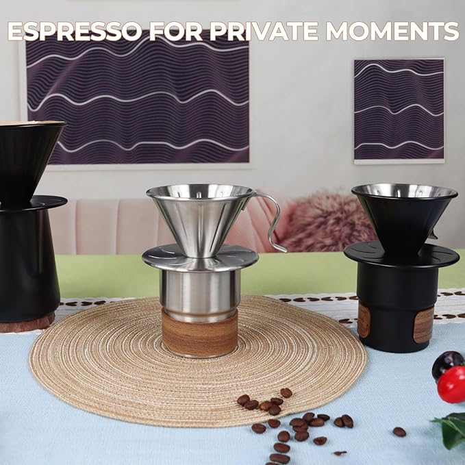 Uncoated Pour Over Coffee Maker 300ml Portable Cup 304 Thickened Stainless Steel Drip Coffeemaker Set with 50pcs V60 Cone Paper Filters Hand Brew Dripper Carafe for Home Camping Travel 10.2oz Black