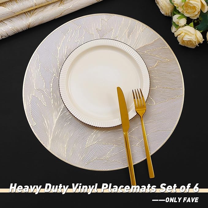 FAVE 6PCS Round Placemats Feather Pressed Vinyl Placemats Set of 6 Slip Resistant Table Mats Wipeable Gold Placemats for Wedding, Banquet, Birthday, Party, Restaurant Decorations(15IN,Feather)