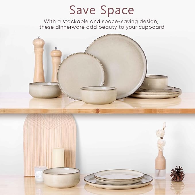 Herogo Stoneware Plates and Bowls Sets for 4, 12 Pieces Modern Round Dinnerware, Reactive Glaze Dishes Set for Kitchen, Chip Resistant, Microwave & Dishwasher Safe, Cream Khaki