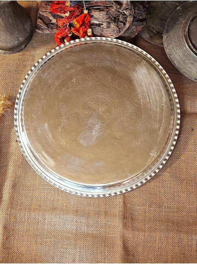 Copper Serving Tray Silver Plated Engraved Design 18 Inch Round Decorative Ottoman Tea Tray for Coffee Table - Silver, One Size