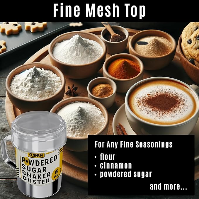 CUSINIUM 6 Ounce Mini Powder Sugar Shaker With Handle - Fine Mesh - With Plastic Cap - Pack of 2