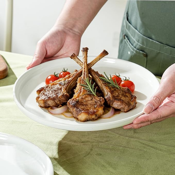 Ceramic Dinner Plates, 10.25 Inch Flat Dish Set for 4, Perfect for Family and Entertaining, Microwave & Dishwasher Safe, Dinner Dishes for Steak, Sandwiches, Pizza, Pasta, Elegant White