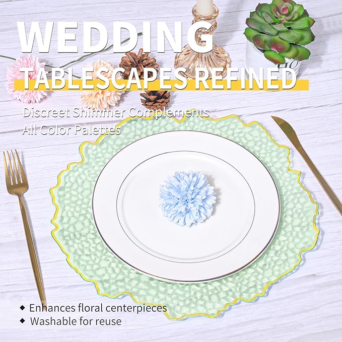 10 Pcs Clear Charger Plates 13 Inch Hammered Green Plastic Charger Plates with Gold Rim, Transparent Green Chargers for Dinner Plate, Stone Texture Plate Round Chargers for Wedding Party, Event
