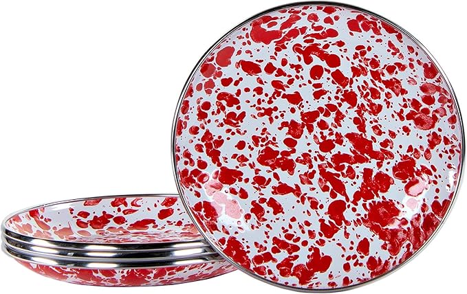 Golden Rabbit Enamelware Appetizer Plates, 6 inch, Red Swirl, Set of 4