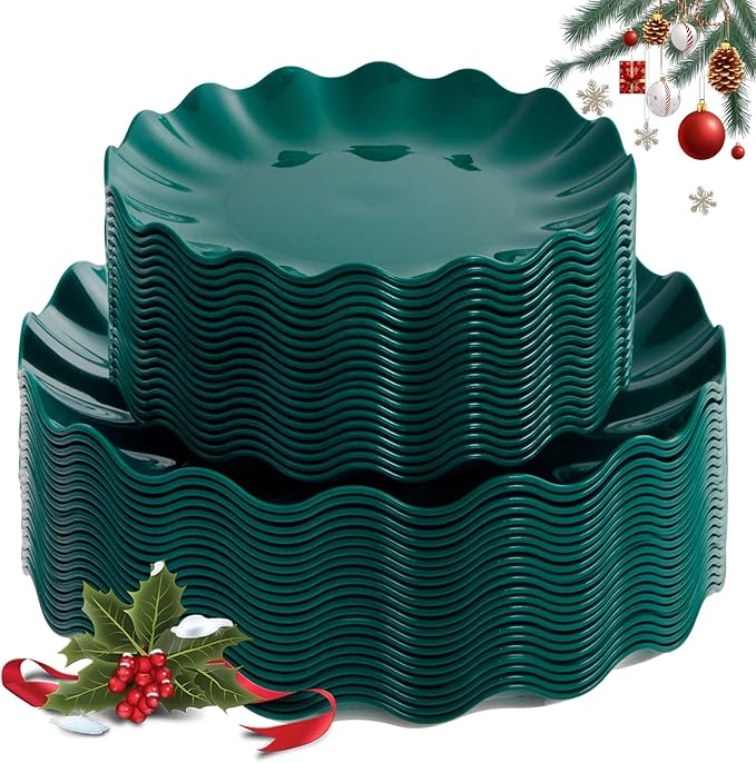 LIYH 50 Pcs Green Plastic Christmas Plates Reusable - Christmas Plastic Plates Unbreakable Holiday Dinnerware Dishes Fancy Scalloped Plate Dishwasher Safe BPA Free for Xmas Day (25Guests)