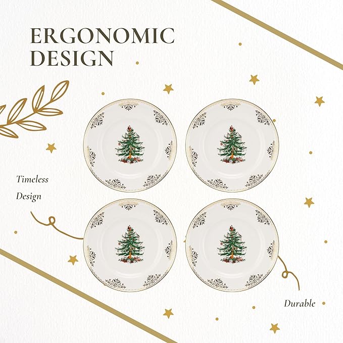 Spode Christmas Tree Gold Dinner Plate (Set of 4) – 10 Inch Porcelain Dinner & Appetizer Dish, Holiday-Themed Serving Plate, Microwave & Dishwasher Safe, Festive Collectible Seasonal Dining