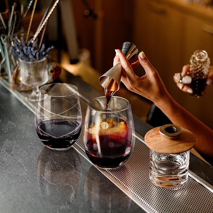 Joeyan Hand Blown Etched Stemless Wine Glasses with Dots Swirls Pattern for Red Wine,Large Carved Drinking Glass Cups Tumblers for Wedding Anniversary Party Home,Set of 2, 17.5 oz, Dishwasher Safe