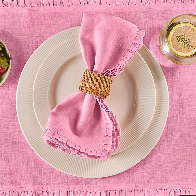 Solino Home Flamingo Pink Linen Dinner Napkins 20 x 20 Inch - 100% Pure Linen Juliette Ruffle Cloth Napkins Set of 4 - Handcrafted and Machine Washable - Christmas