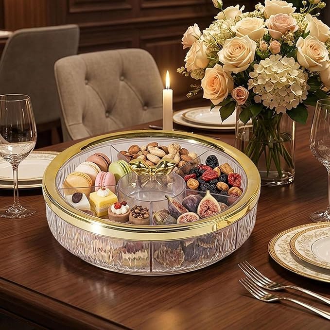 Serving Tray Container Rotating Snack Plate Dried Nuts Platter for Kitchen Entertaining, golden Bow