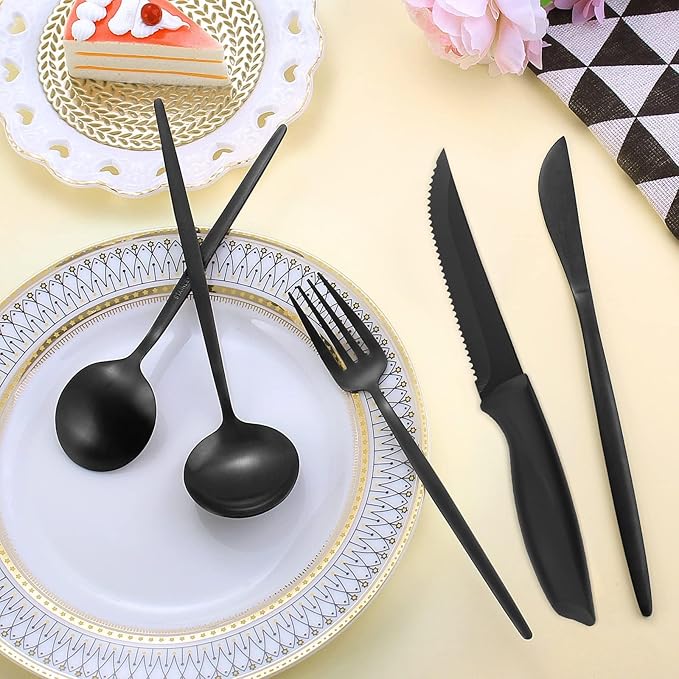 24-Piece Matte Black Tableware Set with Steak Knives,Black Flatware Set for 4,Stainless Steel Kitchen Utensil Set Include Spoons And Forks Set, Dishwasher Safe