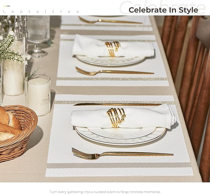 Leetaltree Luxury White Placemats with Gold Stripes Placemats Set of 12 - Waterproof Washable for Wedding, Anniversary, Daily Use - Sparkling Table Decor - Hand-Cut