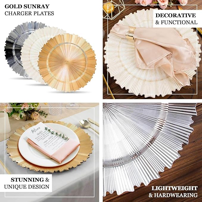 13" Charger Plates - Set of 24 - Metallic Silver with Sunray Scalloped Rim Plastic Chargers, Disposable Round Acrylic Serving Trays For Dinner Wedding Party Events