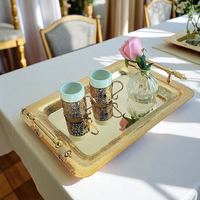 (Pack of 2) 15.7 inch x 11 inch Oblong Iron Gold Plated Mirror Serving Tray with Handles Floral Engraved Decorative Party Birthday Dessert Wine Decor Platter Plate Base Dish NC-014