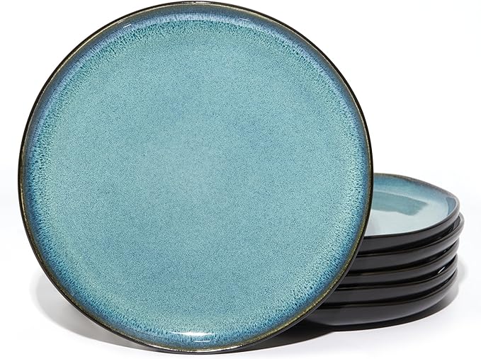 10 Inch Dinner Plates Set of 6, Wavy Rim Stoneware Plates, Microwave & Dishwasher Safe, Ceramic Plates for Steak, Pizza, Lunch, Serving, Green Black
