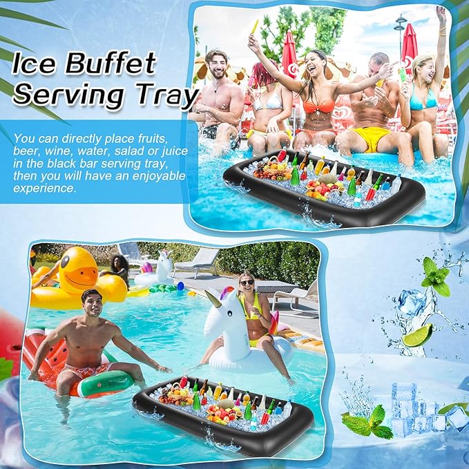 Leitee 3 Pcs Inflatable Serving Bar 52 x 24 x 5'' Ice Buffet Serving Tray Drink Cooler with Drain Plug Inflatable Pool Bar for Party Food Drink Holders with a Hand Pump(Black)