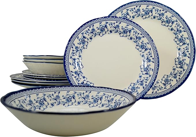 TUDOR ROYAL 12-Piece Round Porcelain Dinnerware Set, Service for 4 - Aster BLUE Design, Multicolor Floral, Plates Bowls Mugs Dishes, Premium Quality Tableware, Unique Pattern, Glossy