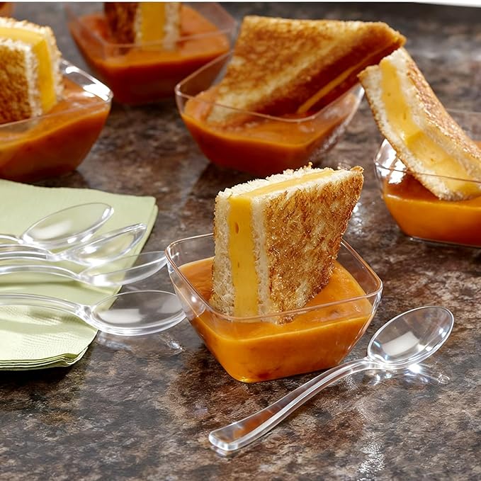 Zezzxu 100 Pack 2 oz Mini Dessert Cups with Spoons, Clear Plastic Reusable Small Square Party Serving Tiny Bowls for Individual Appetizers, Trifle, Cheesecake, Hors D'oeuvres