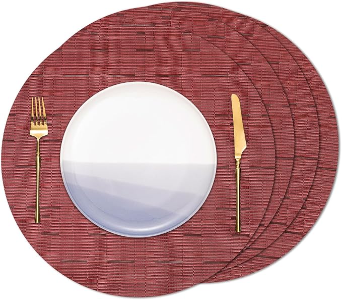 Round Placemats Set of 4 Heat Resistant Vinyl Placemats 15 inch Washable Non-Slip Table Mats Woven Place Mats for Dining Table (Red, Set of 4)