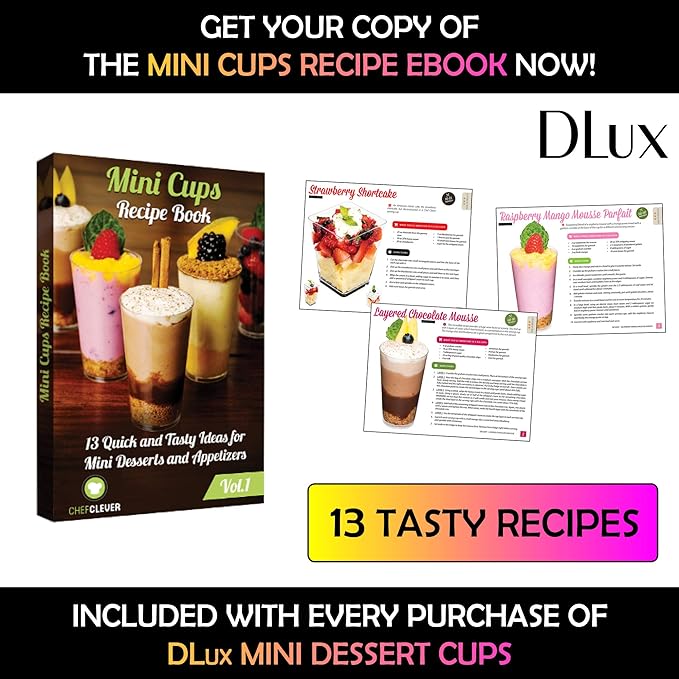 DLux 100 x 3 oz Mini Dessert Cups with Spoons, Square Tall - Clear Plastic Parfait Appetizer Cup - Small Reusable Serving Bowl for Party Desserts Appetizers - with Recipe Ebook