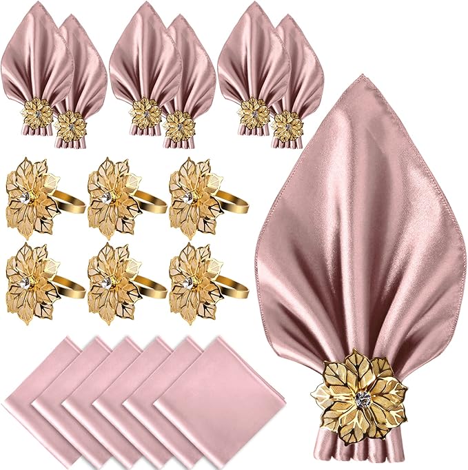 CROWN GUIDE 12 Pack Gold Napkin Rings and Cloth Napkins Set of 6, 17x17 Satin Cocktail Napkins Bulk Table Napkins Holder for Wedding Reception Personalized Napkins Bridal Shower for Party Decorative