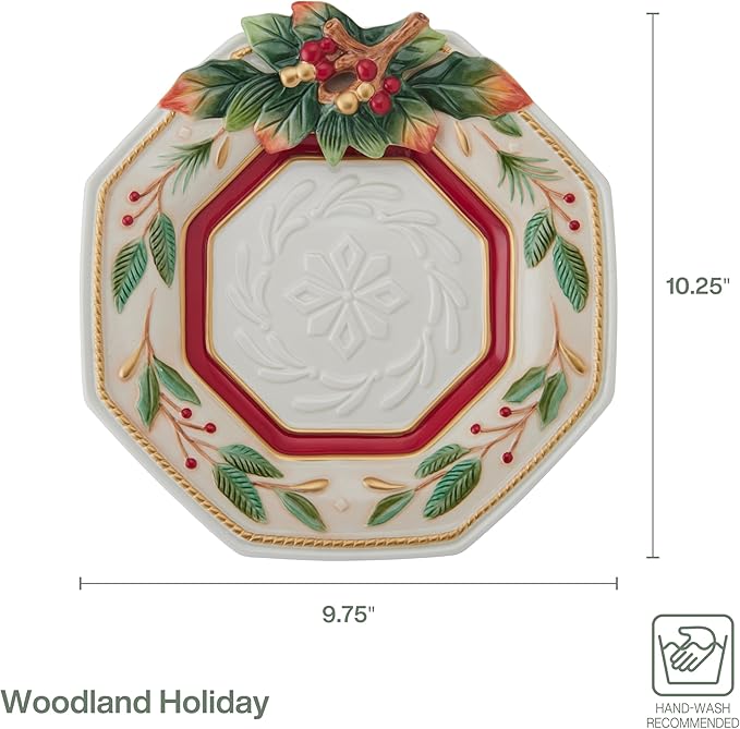 Fitz and Floyd Woodland Holiday Appetizer Plate, Festive Christmas Serveware with Holly and Berry Accents for Seasonal Table Décor and Entertaining, 10.25 Inch