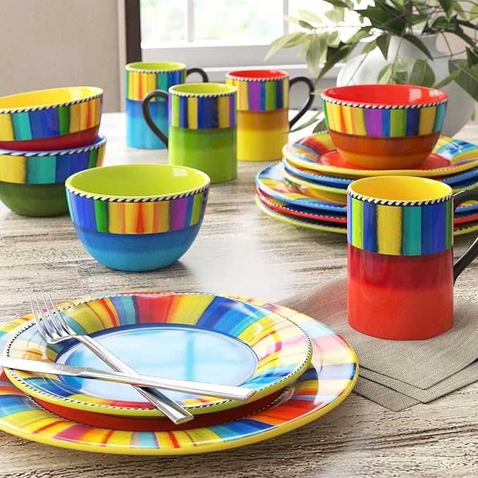 Sierra 16-Piece Ceramic Dinnerware Set: Service for 4, Includes Dinner Plates, Salad Plates, Mugs, and Ice Cream Bowls - Great for Everyday Meals, Entertaining, and Vibrant Table Settings