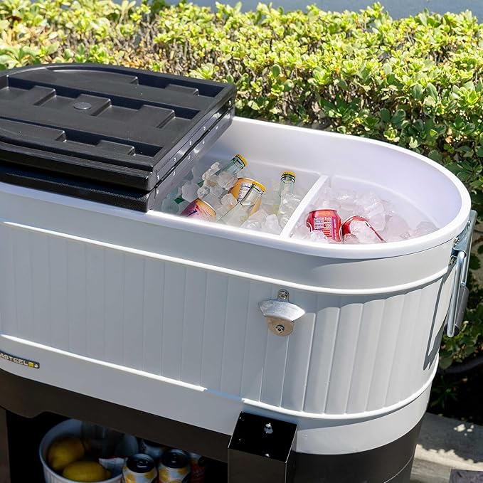 Permasteel Rolling Patio Cooler – Large Outdoor Ice Chest with Wheels, Beverage Cooler for Backyard, BBQ, Tailgate, Beach, Parties, Rustic Farmhouse Design