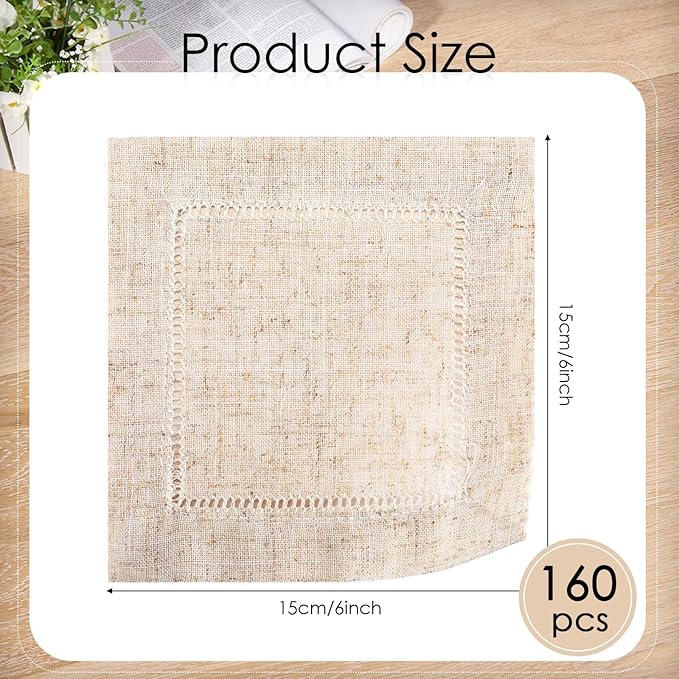 Jerify 160 Pcs Linen Cocktail Napkins Bulk 6 x 6 Inch Reusable Cloth Hemstitch Fabric Linen Napkins for Party Wedding Bar Beverage Coffee Dessert DIY