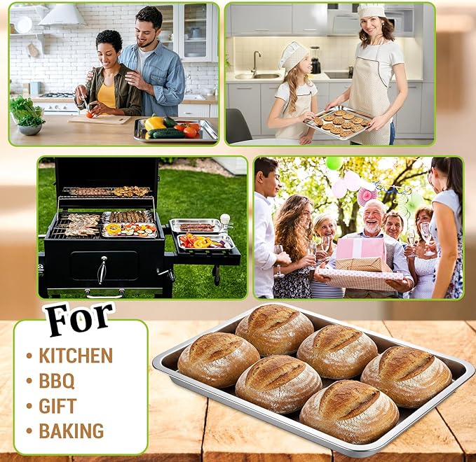 6 Pcs 7.5 x 5.5 Inch Small Baking Sheet Silver Tray Stainless Steel Baking Pan Cookie Sheet Rectangle Mirror Finish and Rust Free Easy Clean and Dishwasher Safe Bakeware Oven Tray for Roasting