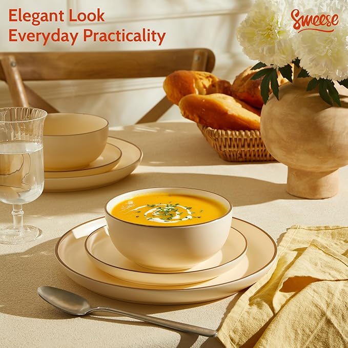 Sweese Dinnerware Sets Service for 6, 18 pcs Matte Glaze Plates and Bowls Sets, Handmade Porcelain Dish Set, Highly Chip and Crack Resistant Modern Dinner Set, Beige