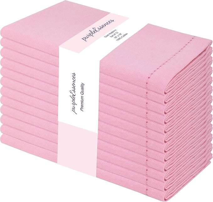 PurpleEssences Set of 12 Hemstitch Cloth Dinner Napkins 100% Cotton - Soft Durable Washable - Ideal for Wedding Spring Easter Summer - Perfect Everyday Use Table Linen 18x18 - Blush Pink