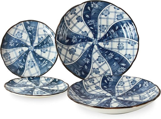 Mino Ware Japanese Ceramics 2 Pasta Plate & 2 Salad/Appetizer Plate Made in Japan (Japan Import) TNG002 (Spiral Flowers)