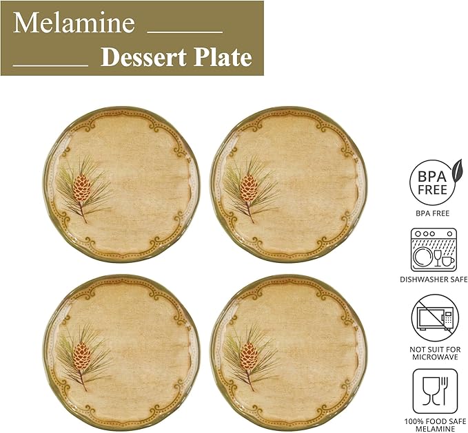 UP UPware Woodland Pinecone Melamine Round Dessert Plates, Small Serving Plates, for Appetizer, Snacks, and Side Dishes, Beige and Green, 6 Inch, Set of 4