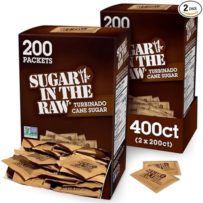 Sugar In The Raw Turbinado Cane Sugar Packets, 200 Ct Box, 2 Pack, Pure, All-Natural Turbinado Sugar, Non-GMO Project Verified, Kosher, Vegan and Gluten Free