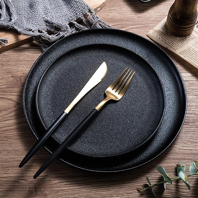 Dinner Plates Simple Ceramic Plate Tableware Black Frosted Disc Square Steak Plate Family Dinner Plate Kitchen Serving Dishes,Gold-20CM