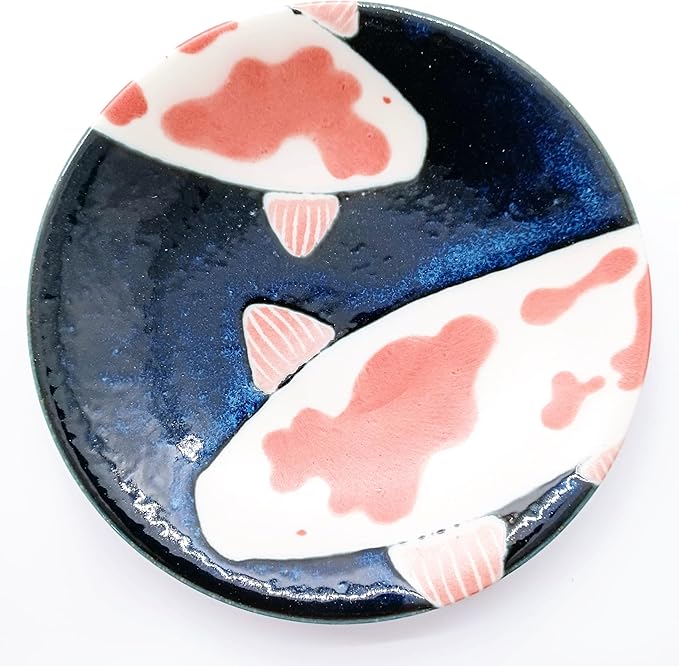 Made in Japan Koi Fish Ceramic Dinnerware Set – 6-Piece Blue & Red Plates and Bowls | Hand-Painted Carp Motif | Dishwasher Safe | Japanese Tableware Gift Set