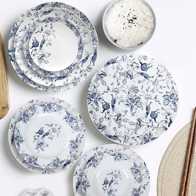 ceramic plate set for 4, 24 piece bone china dinnerware set, blue and white floral bird porcelain dishes sets for wedding, housewarming, hotel