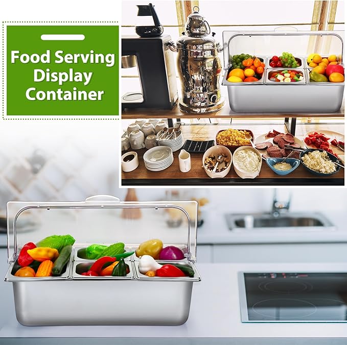 Countertop Food Serving Display Container and Clear Roll Top Cover Stainless Steel Food Serving Tray Buffet Condiment Dispenser Display Rack for Restaurant Hotel Kitchen Party (5 Pan)