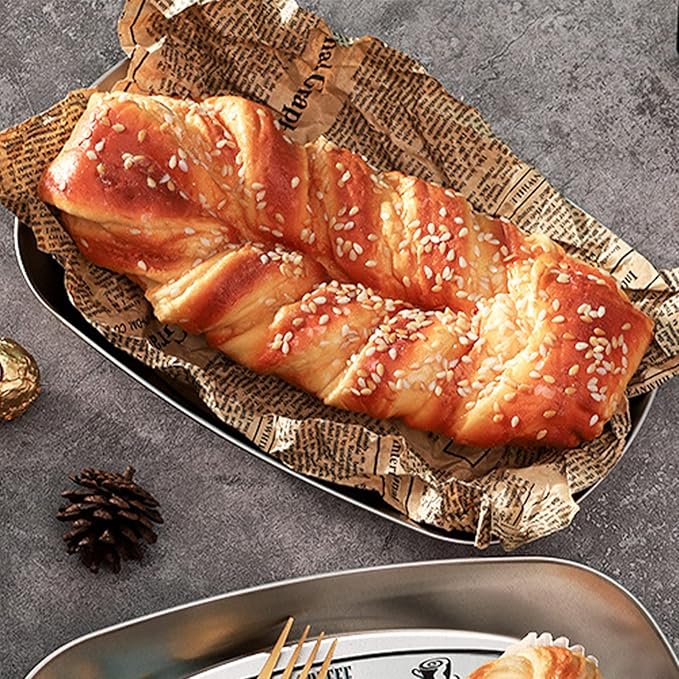 Portable Bread Tray, Oval Metal Picnic Plate Reusable Decorative Bread Serving Tray Multipurpose Tinplate Food Tray for Parties Gatherings (Home Style)